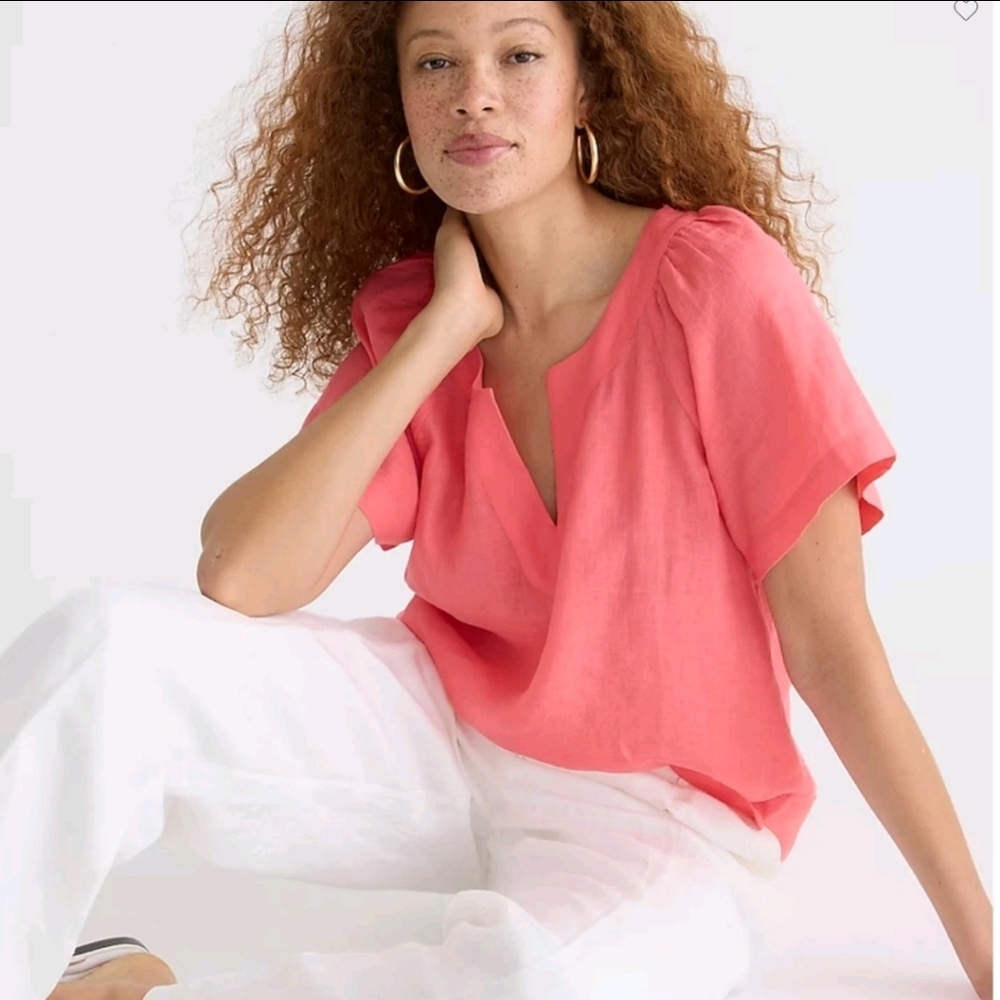 J. Crew Flutter-sleeve linen V-neck top Sz S